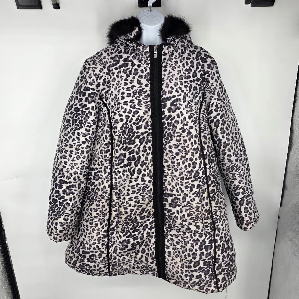 INTL DETAILS Leopard Puffer Coat Womens 1X Black Faux Fur Hood Winter Jacket